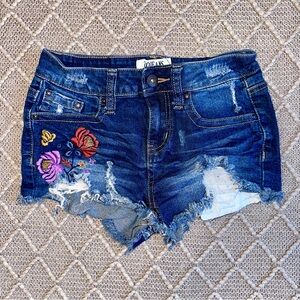 Size 0 Floral Embroidered Denim Shorts Cut off Frayed Distressed Hem